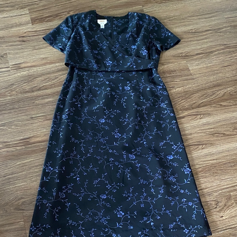 Talbots Black Silk Maxi Dress with Blue Floral Print